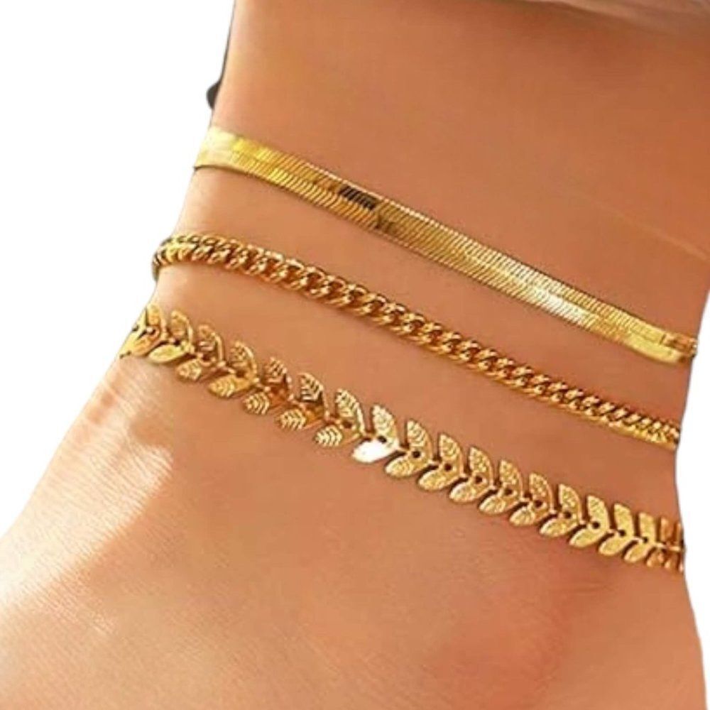 Gold Chevron Stacked Bracelets Anklets Set 3 PCS - NEW